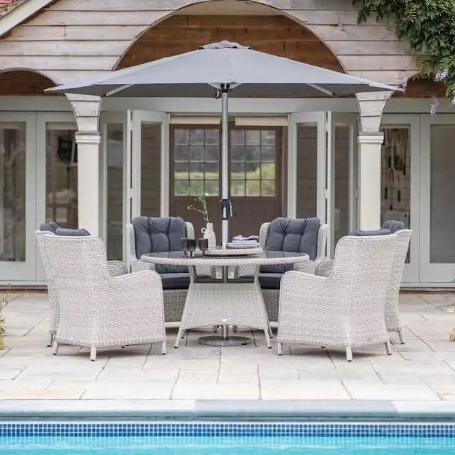 Bramblecrest - Chedworth Rattan 6 Seat Round Dining Set in Dove Grey with Lazy Susan, Parasol & Base