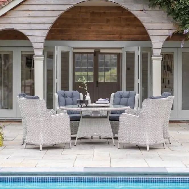 Bramblecrest - Chedworth Rattan 6 Seat Round Dining Set in Dove Grey with Lazy Susan, Parasol & Base