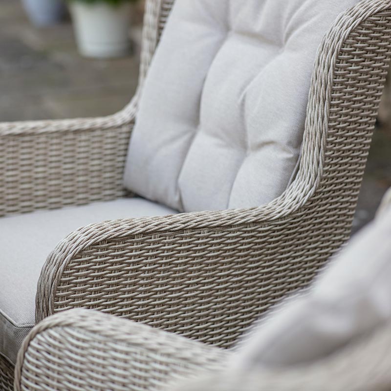 Bramblecrest Chedworth 4 Seat Garden Dining Set in Sandstone with Round Table, Parasol & Base
