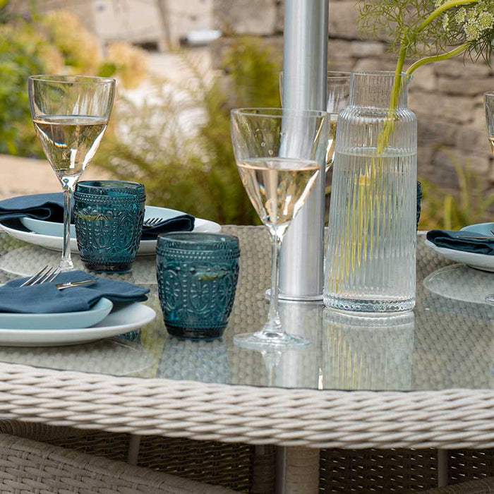 Bramblecrest Monterey Dove Grey Rattan 4 Seat Round Dining Set, Parasol & Base