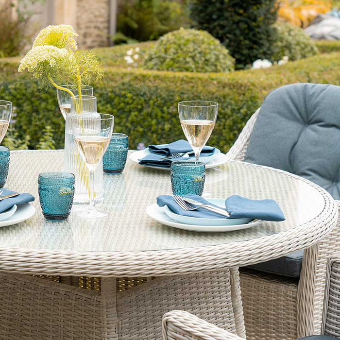 Bramblecrest Monterey Dove Grey Rattan 4 Seat Round Dining Set, Parasol & Base