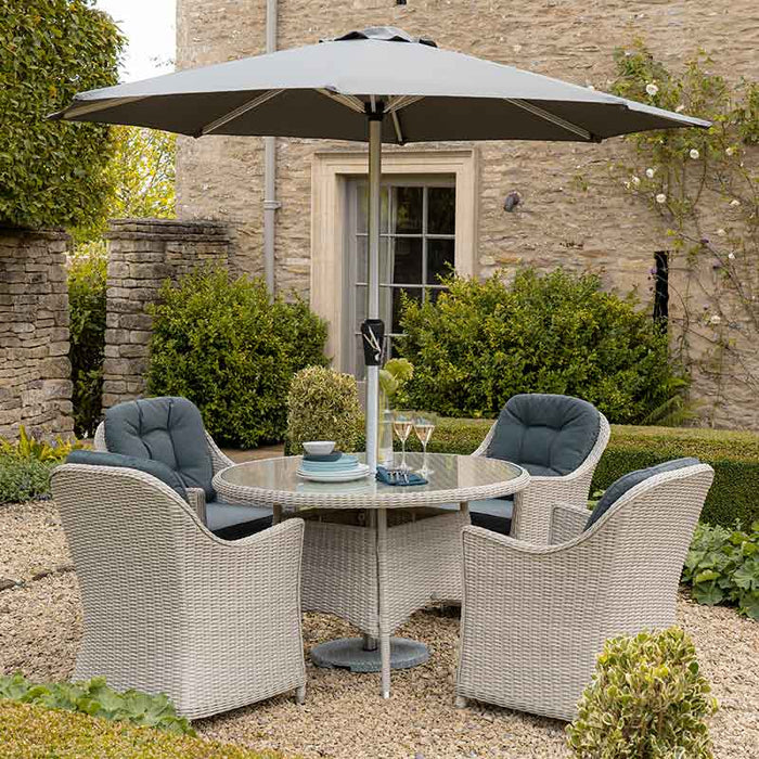 Bramblecrest Monterey Dove Grey Rattan 4 Seat Round Dining Set, Parasol & Base