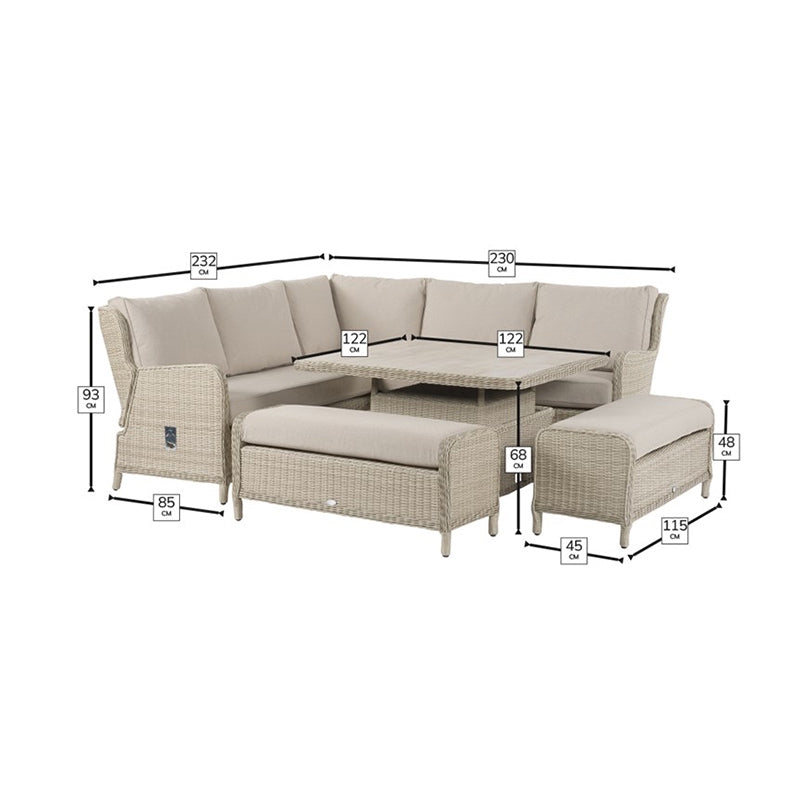 Bramblecrest Chedworth Reclining Corner Sofa with Square Dual-Height Table & 2 Benches in Sandstone Rattan