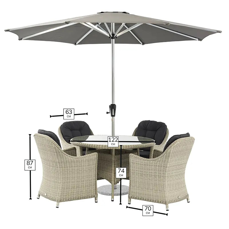 Bramblecrest Monterey Dove Grey Rattan 4 Seat Round Dining Set, Parasol & Base