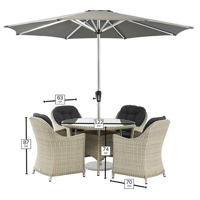 Bramblecrest Monterey Dove Grey Rattan 4 Seat Round Dining Set, Parasol & Base