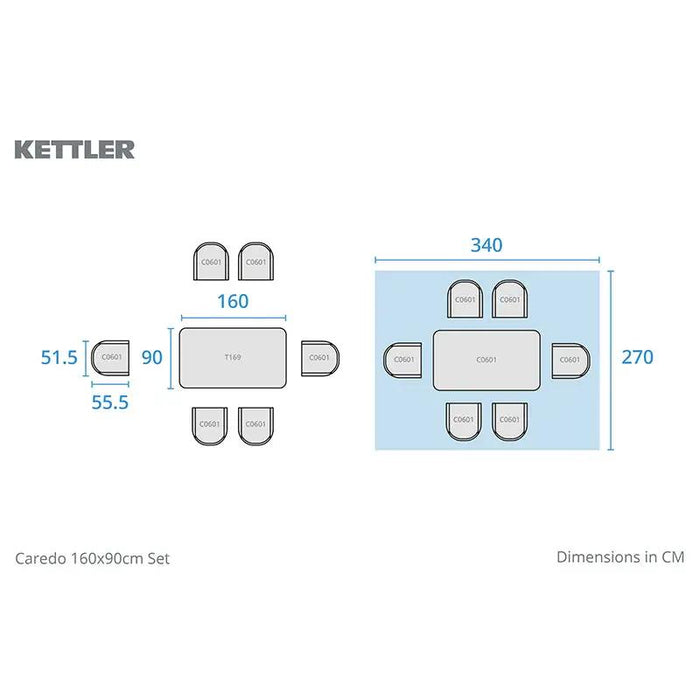 Kettler Caredo 6 Seat Complete Rectangle Dining Set inc Parasol & Cushions