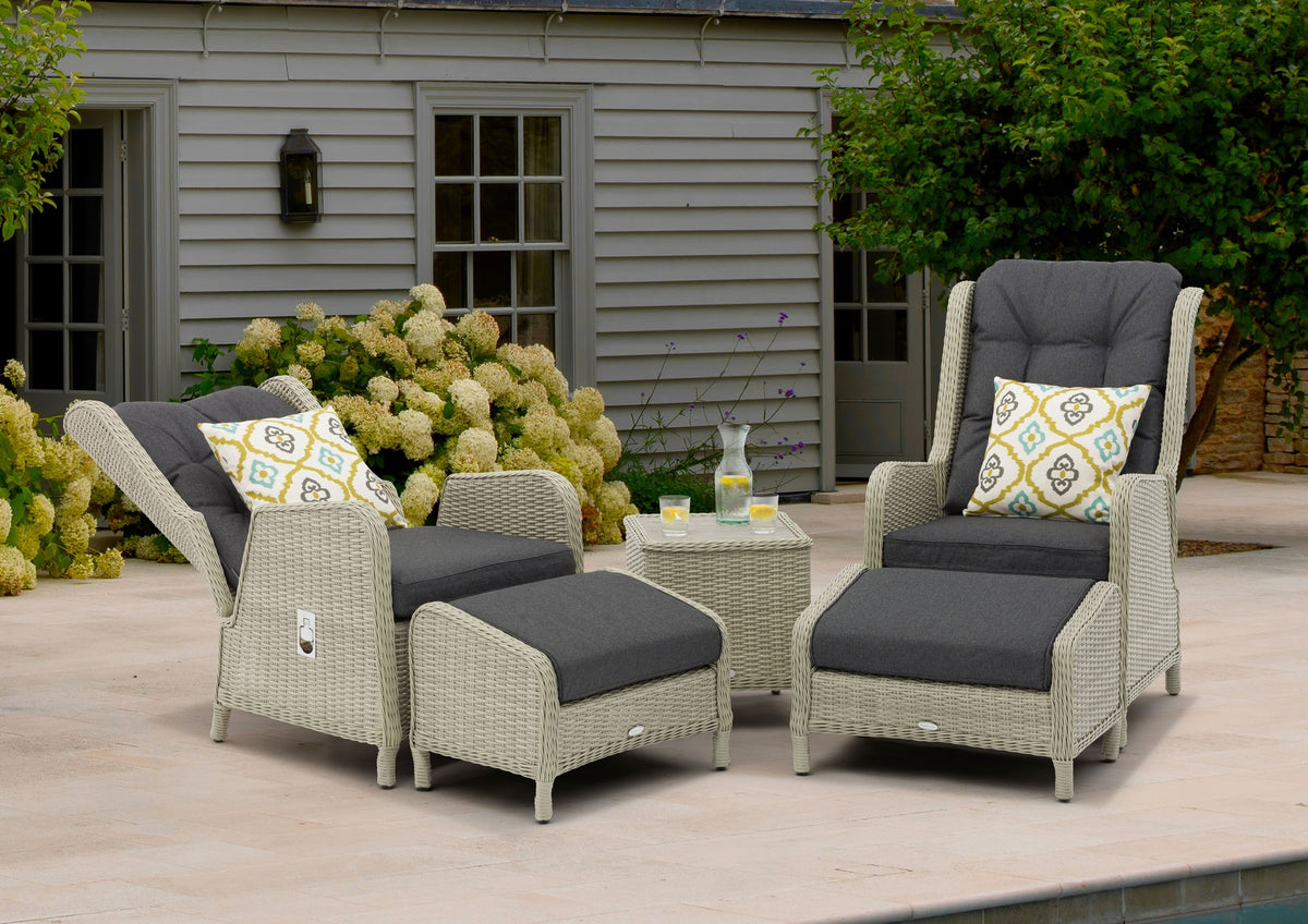 Bramblecrest - Chedworth Rattan Recliner Set in Dove Grey with 2 Footstools & Side Table