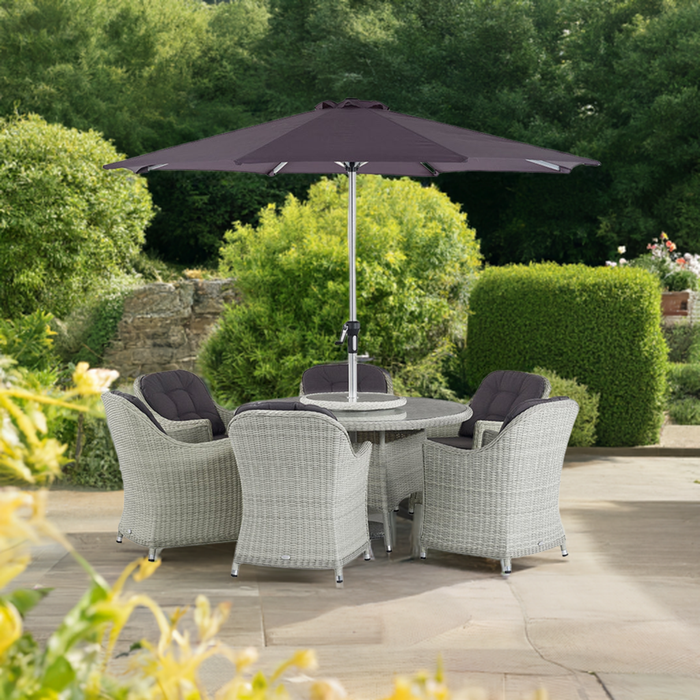 Bramblecrest Monterey Dove Grey Rattan 6 Seat Round Dining Set with Lazy Susan, Parasol & Base (DISPLAY MODEL)