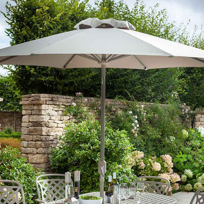 Berkeley 6 Seat Oval Outdoor Dining Set in Maize with Parasol & Base by Hartman
