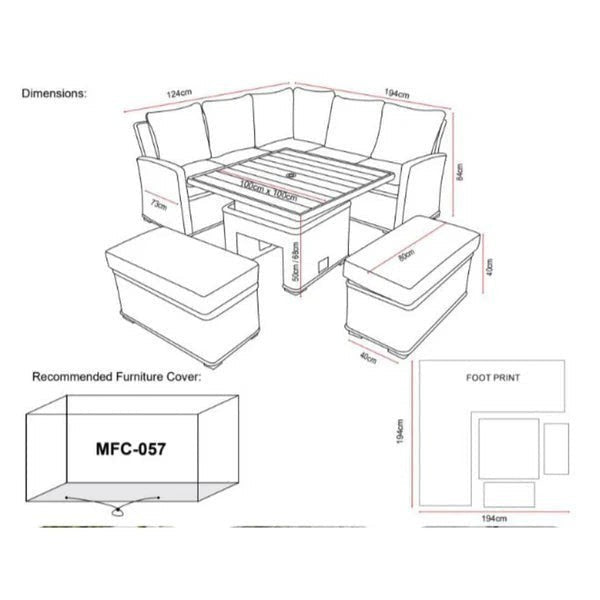 Mid Ulster Garden Centre Amalfi corner dining set line drawing with dimensions for sofa, table, and footstools.
