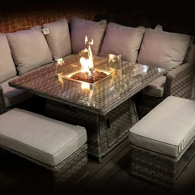 Mid Ulster Garden Centre Amalfi dark grey rattan corner sofa set with an integrated glass-protected gas firepit table