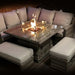 Mid Ulster Garden Centre Amalfi dark grey rattan corner sofa set with an integrated glass-protected gas firepit table