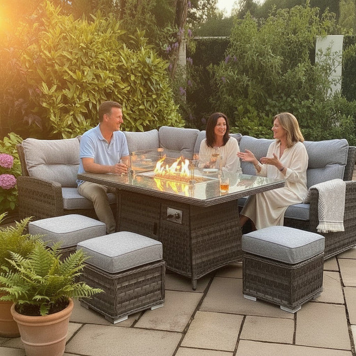 Mid Ulster Garden Centre Amalfi dark grey rattan corner sofa set with integrated gas firepit and grey cushions