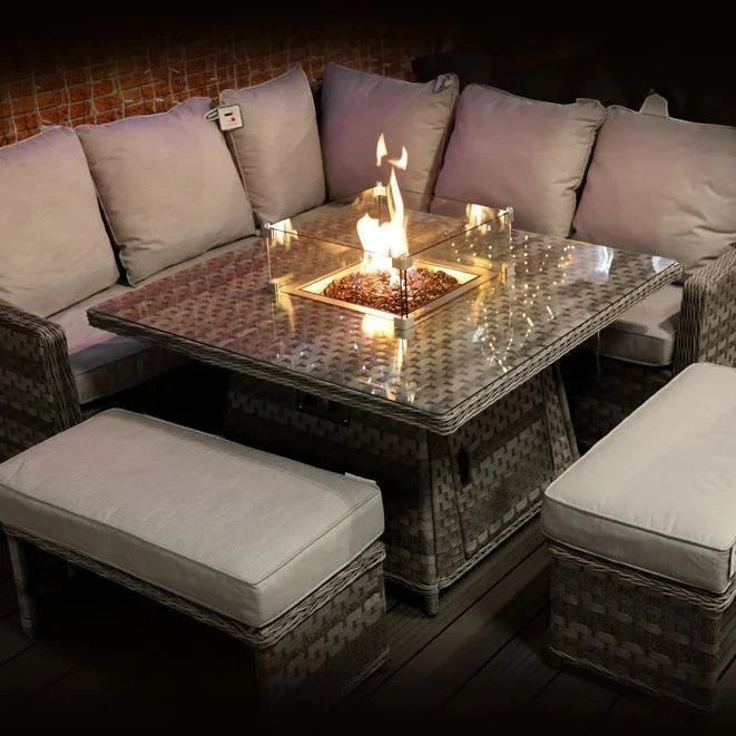 Mid Ulster Garden Centre Amalfi dark grey rattan corner sofa set with integrated glass firepit and plush cushions