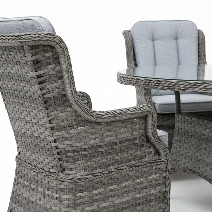 Mid Ulster Garden Centre Amalfi grey rattan dining chair with high winged back and plush grey seat cushions