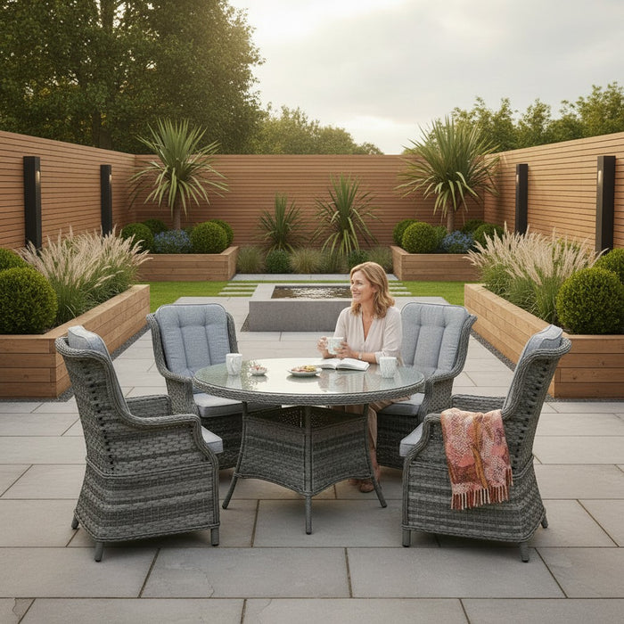 Mid Ulster Garden Centre Amalfi grey rattan 4-seat dining set with high-back chairs and glass-top table on a patio.