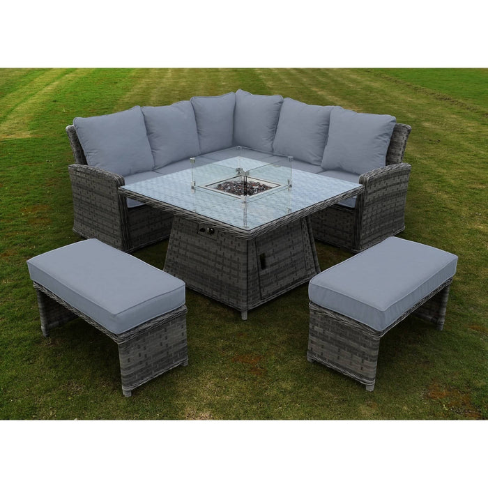 Mid Ulster Garden Centre Amalfi dark grey rattan corner dining set with an integrated glass-protected firepit table.