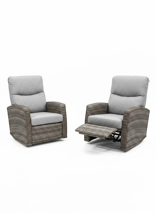 Mid Ulster Garden Centre Amalfi two-tone grey wicker recliner chairs with soft cushions for outdoor relaxation