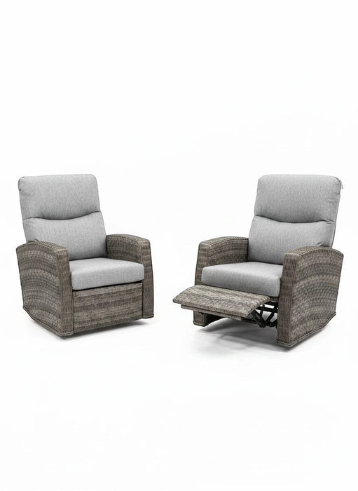 Mid Ulster Garden Centre Amalfi two-tone grey wicker recliner chairs with soft cushions for outdoor relaxation