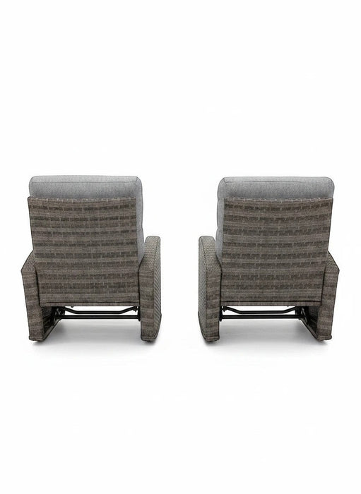 Mid Ulster Garden Centre Amalfi two-tone grey wicker recliner chairs with plush cushions, rear view.