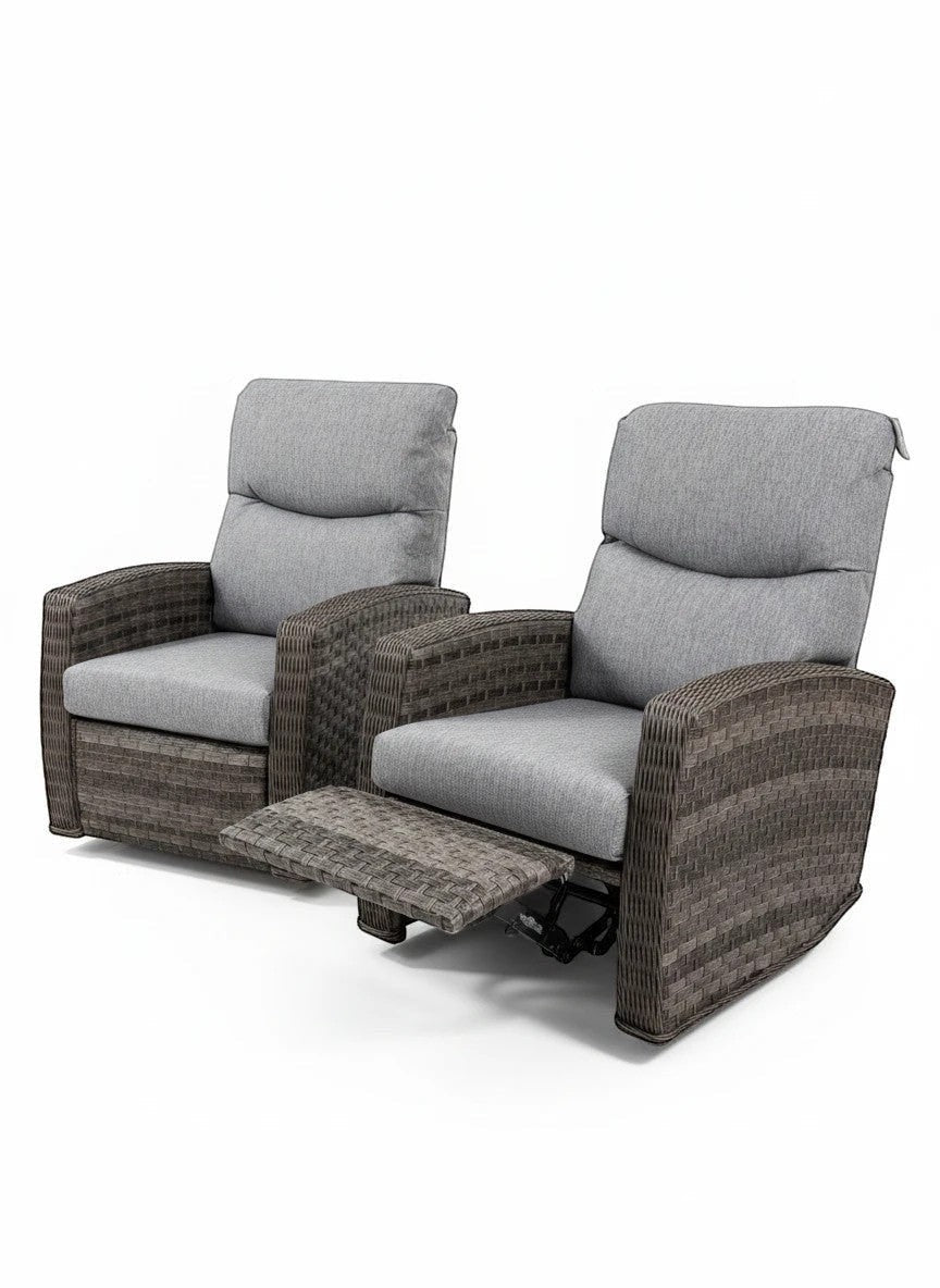 Mid Ulster Garden Centre Amalfi two-tone grey wicker recliner chairs with comfortable padded cushions