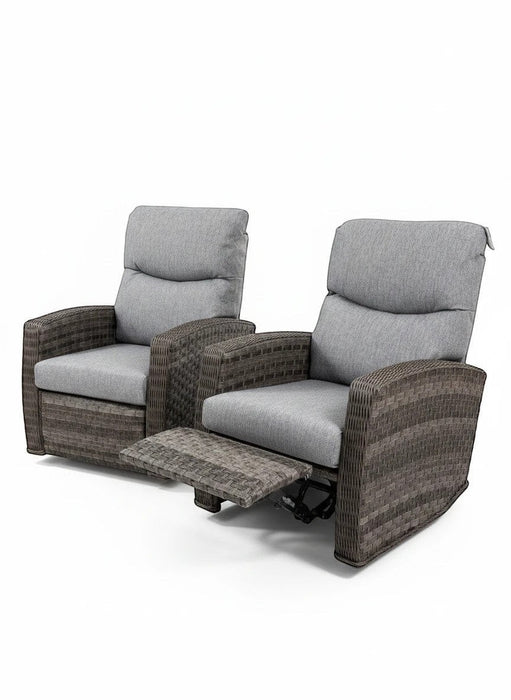 Mid Ulster Garden Centre Amalfi two-tone grey wicker recliner chairs with comfortable padded cushions