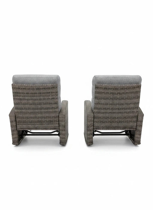 Mid Ulster Garden Centre Amalfi two-tone grey wicker recliner chairs with plush cushions, rear view.