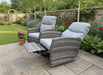 Mid Ulster Garden Centre Amalfi two-tone grey wicker recliner chairs with soft cushions on a stone patio.