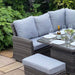 Mid Ulster Garden Centre Amalfi corner sofa set with grey cushions, rattan weave, and adjustable height dining table.