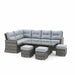 Mid Ulster Garden Centre Amalfi corner sofa set with grey rattan, plush cushions, and a rising table on a patio.