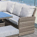 Mid Ulster Garden Centre Amalfi corner sofa set with grey synthetic rattan weave and plush light grey cushions.