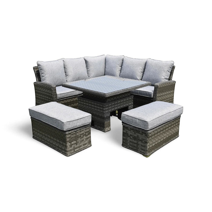 Mid Ulster Garden Centre Amalfi corner dining set with grey rattan, adjustable height table, and plush grey cushions.
