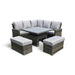Mid Ulster Garden Centre Amalfi corner dining set with grey rattan, adjustable height table, and plush grey cushions.