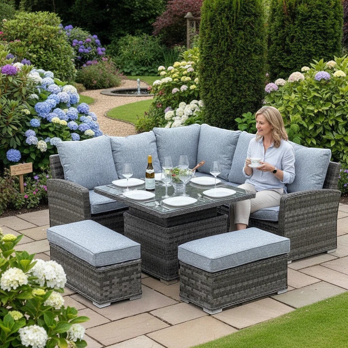 Mid Ulster Garden Centre Amalfi corner dining set with grey rattan, plush cushions, and adjustable height table.