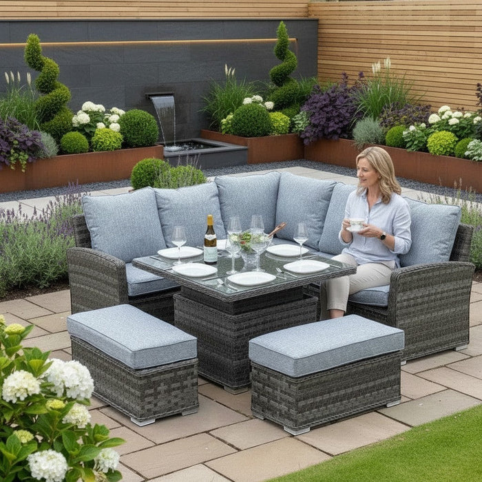 Mid Ulster Garden Centre Amalfi casual dining corner set with grey rattan, plush cushions, and adjustable height table.