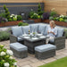 Mid Ulster Garden Centre Amalfi casual dining corner set with grey rattan, plush cushions, and adjustable height table.