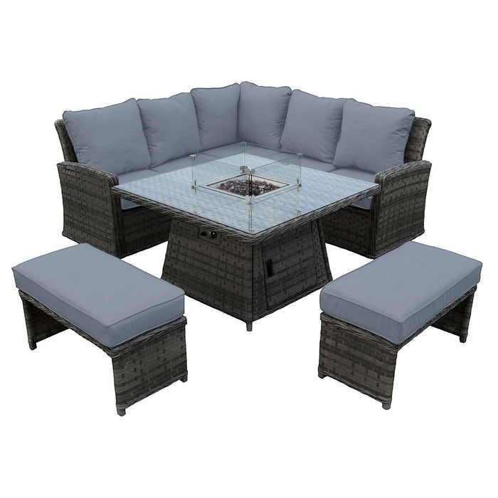 Mid Ulster Garden Centre Amalfi dark grey rattan corner dining set with integrated glass-protected firepit and cushions