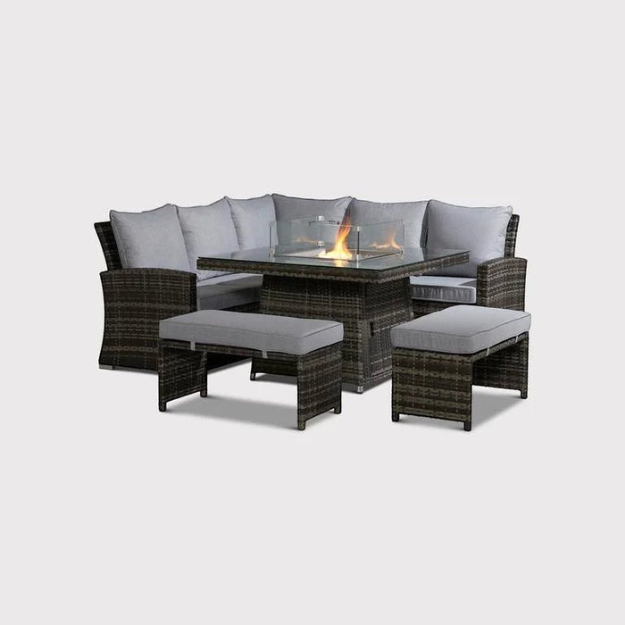 Mid Ulster Garden Centre Amalfi dark grey rattan corner dining set with integrated glass-protected gas firepit table.