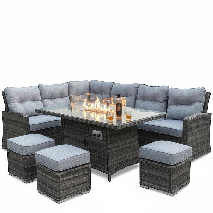 Mid Ulster Garden Centre Amalfi dark grey rattan corner sofa set with glass-topped gas firepit table and footstools.