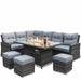 Mid Ulster Garden Centre Amalfi dark grey rattan corner sofa set with glass-topped gas firepit table and footstools.