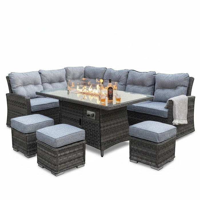 Mid Ulster Garden Centre Amalfi dark grey rattan corner sofa set with glass top firepit table and grey cushions