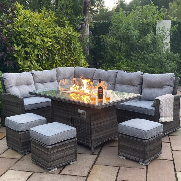 Mid Ulster Garden Centre Amalfi dark grey rattan corner sofa set with glass-top gas firepit table and footstools