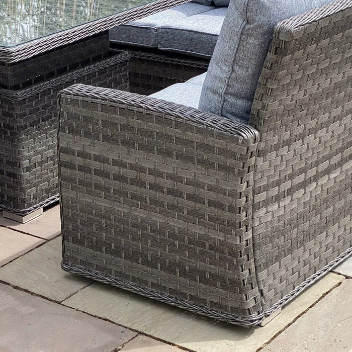Mid Ulster Garden Centre Amalfi grey synthetic rattan corner sofa with plush cushions and adjustable height table