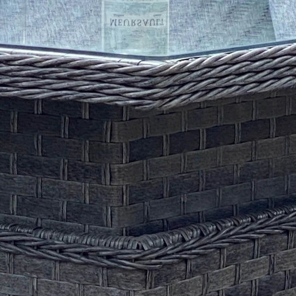Mid Ulster Garden Centre Amalfi rattan dining table corner detail with broad weave and round trim