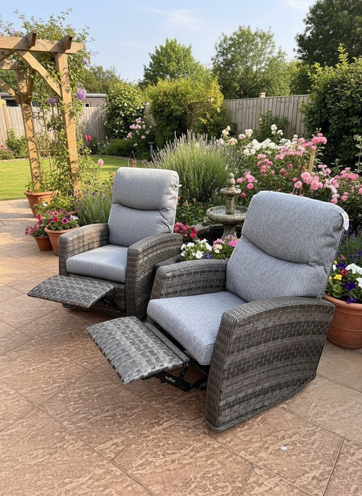 Mid Ulster Garden Centre Amalfi recliner bistro set with two grey weave chairs on a garden patio.
