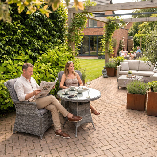 Mid Ulster Garden Centre Bali 2 seat bistro set with light brown synthetic rattan chairs and glass top round table