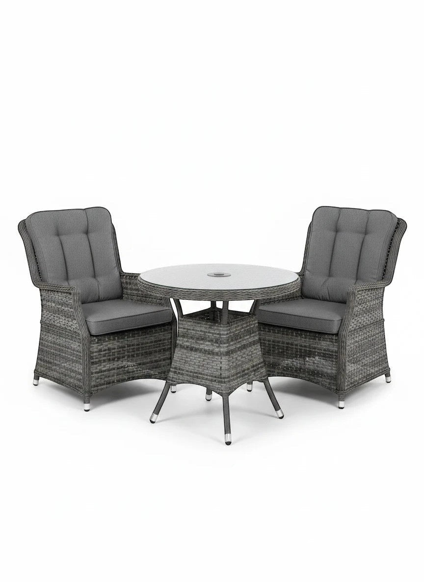 Mid Ulster Garden Centre Bali 2-seat bistro set with grey synthetic rattan chairs and a round glass-top table.