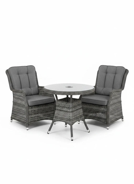 Mid Ulster Garden Centre Bali 2-seat bistro set with grey synthetic rattan chairs and a round glass-top table.