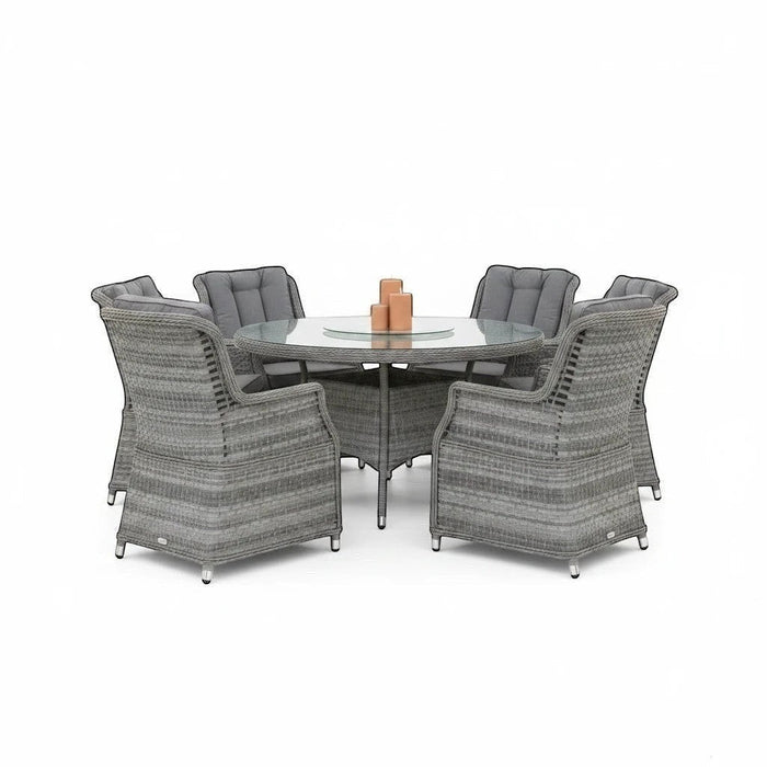 Mid Ulster Garden Centre Bali 6-seat grey synthetic rattan dining set with round glass table and comfortable cushions.