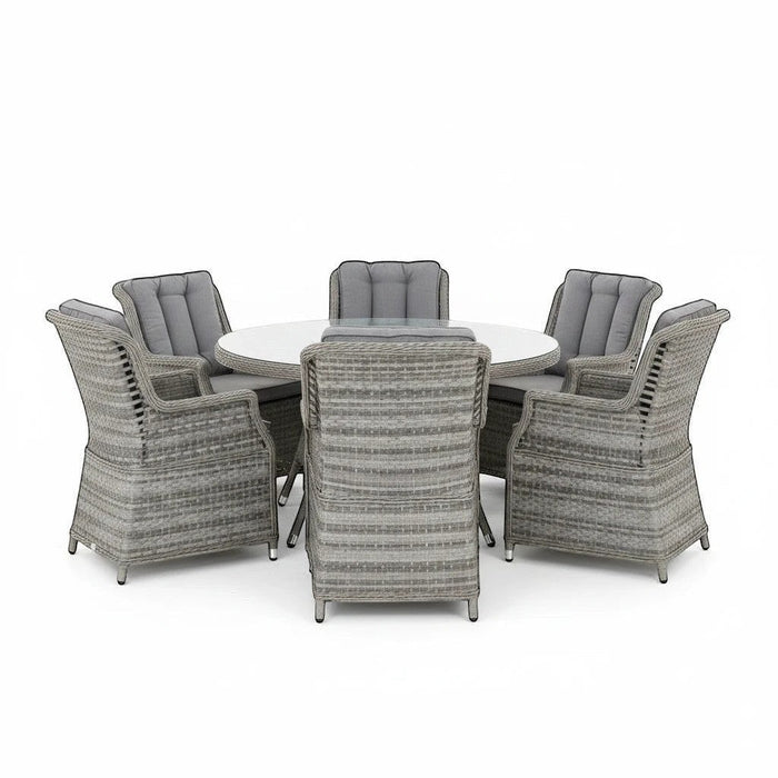 Mid Ulster Garden Centre Bali 6-seat grey rattan dining set with a round glass-top table and comfortable cushions.